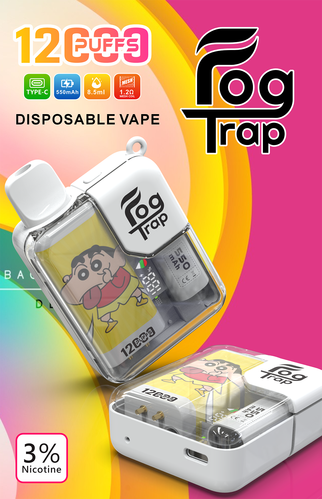 【買10送1】Fog Trap 聯名 蠟筆小新 × LABUBU 12000口抛棄式 智能油電數位雙顯示 強悍雙檔功率切換 爽快爆發口感 全台現貨極速配發:圖片 4